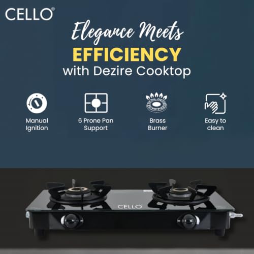 Image of Cello DEZIRE PRO PLUS 2 Burner Gas Stove | Manual Ignition | Direct Flame Brass Burners | 6mm Toughened Glass Top | Hexa Pan Supports | ISI Certified | LPG | 1Yr Warranty