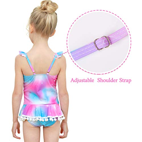 Mhjy Girls One Piece Swimsuits Swimwear Unicorn Bathing Suit Ruffle Beachwear With Pompoms,5-6 Years,Purple Blue #TOP2