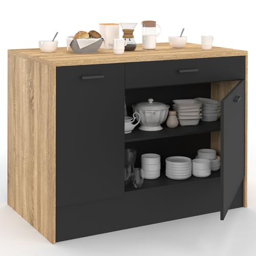 IDMarket - Ilot Central LIO 120 cm Maxi capacité de Rangement Bois et Noir