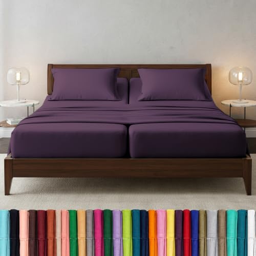 Image of Elegant Comfort Luxury 1500 Premium Hotel Quality Microfiber 5-Piece Sheet Set - Wrinkle Resistant, All Around Elastic Fitted Sheet, Deep Pocket up to 16 inch, Split King, Eggplant-Purple