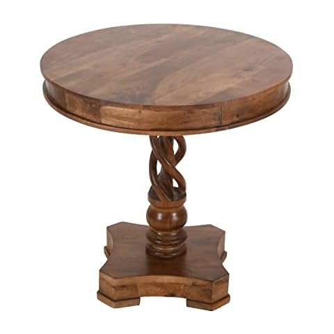 The Urban Port 30-Inch Handcrafted Round Mango Wood Dinette Dining Table, Artisanal Twisted Pedestal Base, Walnut Brown Cover