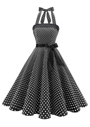 Timormode Damen Vintage Cocktailkleid Knielang Neckholder Swing Retro Rockabilly Kleid S Klein Schwarz Weiß