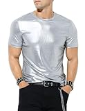 Casey Kevin Mens Metallic T-Shirts 70s Disco Outfits for Mens Holographic Short Sleeve Shiny Tops (Silver,Large)