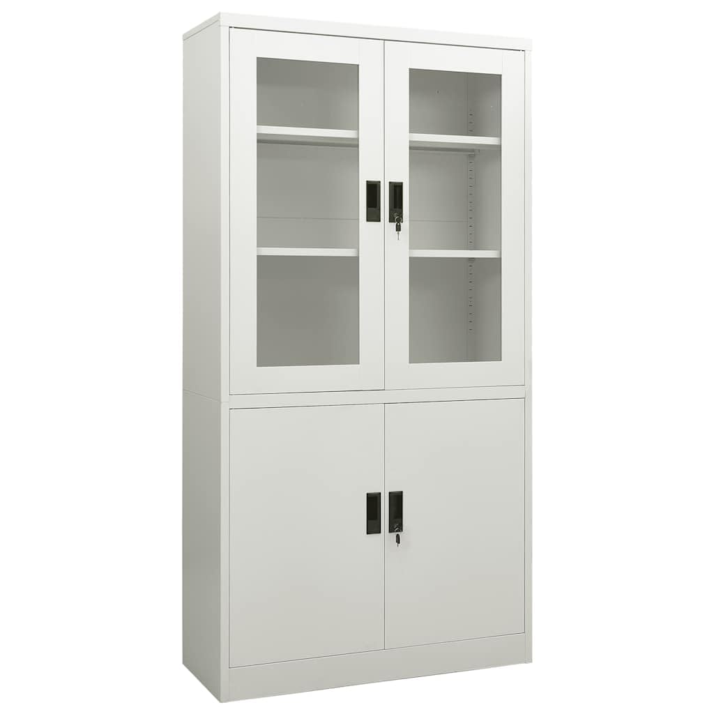 Armario de oficina gris claro de acero 90 x 40 x 180 cm con 3 estantes, 2 cerraduras, 4 puertas y tiradores para oficina, espacio de almacenamiento y almacenamiento de archivos con cristal
