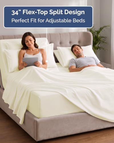 Image of Extra Deep Flex Top Split Head King Sheet Set - 6 Piece Breathable and Cooling Sheets - Hotel Luxury Bedding for Women, Men, Kids & Teens - Easy Secure Fit - Extra Deep Pockets - Off White