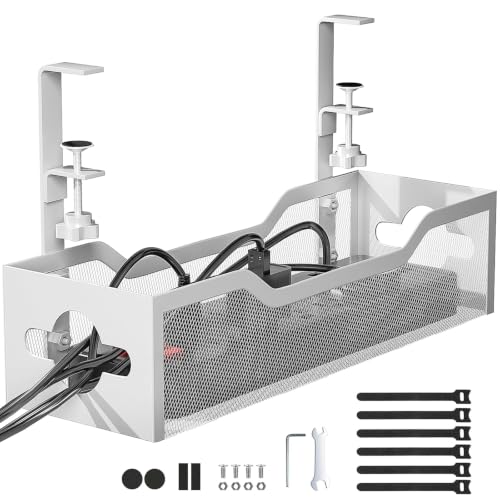 Under Desk Cable Management Tray White, Litwaro Cable Management Under Desk No Drill, Cable Organizer with Clamp for Wire Management, Cord Organizer for Office, Home No Damage to Desk