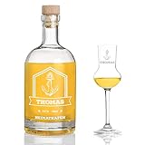 Bottiglia con effetto polare, con incisione a scelta, volume 700 ml, ideale per liquori e altre specialità, incluso 1 bicchiere per liquori inciso, motivo porto di casa