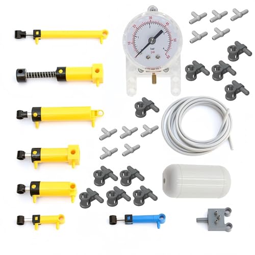 Siellmy Technik Pneumatik Kit, 31pcs Technic Hydraulikteile Pneumatik Zylinder Ersatzteile Set mit Luftpumpe Schalter Schlauch Luftdruckmesser Gastank, Kompatibel mit Große Marke