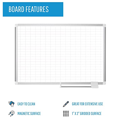 Mastervision Planning Board Porcelain Dry Erase Magnetic 1" X 2" Grid With Accessory Kit, 36" X 48", Whiteboard With Aluminum Frame #TOP2