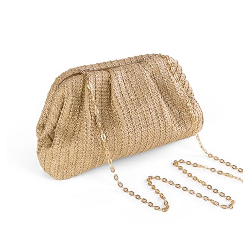 Image of Huralona Women Straw Woven Clutch Purse Pleated Handbag for Summer Beach Vacation Straw Shoulder Crossbody Bag