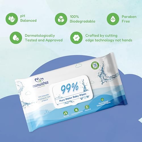 Image of Pure Water Baby Wipes (Pack of 72) | 99% Pure Water | With Chamomile Extract, Olive Oil & Vitamin E | Plant-Based, Biodegradable & Unscented | Safe for Newborns
