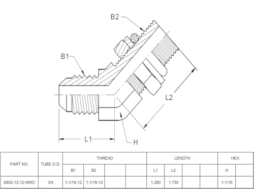 Image of 6802-12-12-NWO Hydraulic Hose Adapter Fitting 3 /4 inch Male JIC 37Flare (1-1 /16 inch-12UNF)x3 /4 inch Male Adjustable Nut O-Ring Boss (1-1 /16 inch-12UNF) 45 Elbow SAE Pipe Joints Connector Carbon Steel