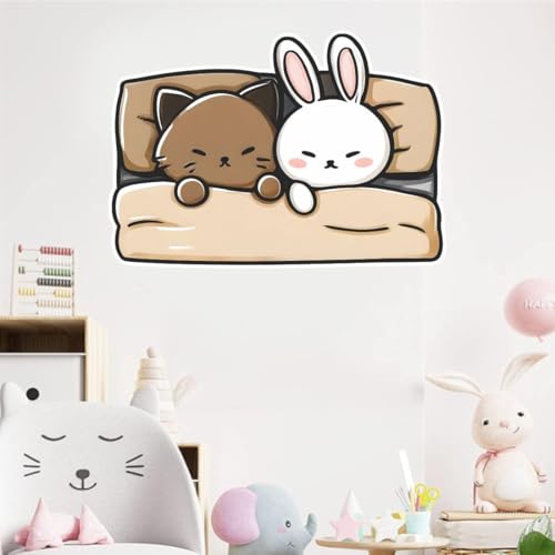 Image of Cute Sleeping Cat & Bunny Wall Sticker | Self Adhesive Cartoon Animal PVC Wall Decal for Ki-ds Room, Nursery, Bedroom & Playroom Decor