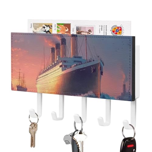 Image of Titanic Sailing Ship on The Sunset Key Mail Holder for Wall Mounted Decorative White Key Hooks Organizer for Entryway Mudroom