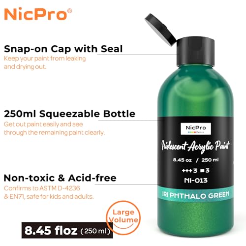 Image of Nicpro Iridescent Green Acrylic Paint, 8.45oz Large Green Metallic Paint