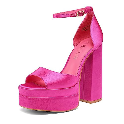 DREAM PAIRS High Heels Chunky Block Platform Heels for Women Ankle Strap Sexy Open Square Toe Heels Dressy Pumps Sandals 5.5 Hot Pink-satin