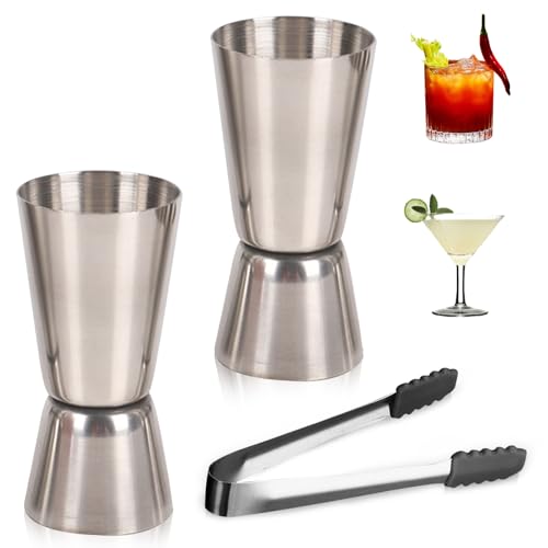 Cocktail Messbecher, 2 Stück Jigger 2cl/4cl mit Eiszange Doppelter Barmaß Edelstahl Spirituosen Messbecher Doppelmaß Bar Cup für Gin Whiske Bar Zubehör