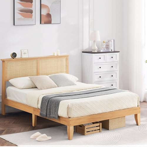 Garvee Queen Size Rattan Bed Frame, Bohemian Queen Rattan Bed Frame with Natural Headboard, Platform Queen Size Bed with Wooden Legs, LED Lights, No Box Spring Needed Garvee Queen Size Rattan Bed Frame, Bohemian Queen Rattan Bed Frame with Natural Headboard, Platform Queen Size Bed with Wooden Legs, LED Lights, No Box Spring Needed