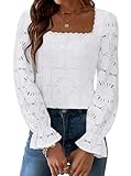 UNCOOYEE Blouses for Women Dressy Casual Work Going Out Eyelet Square Neck Puff Long Sleeve Embroidered Lace Crochet Boho Tops Trendy Fall Fashion 2025 White Small