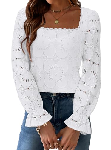 UNCOOYEE Blouses for Women Dressy Casual Work Going Out Eyelet Square Neck Puff Long Sleeve Embroidered Lace Crochet Boho Tops Trendy Fall Fashion 2025 White X-Large