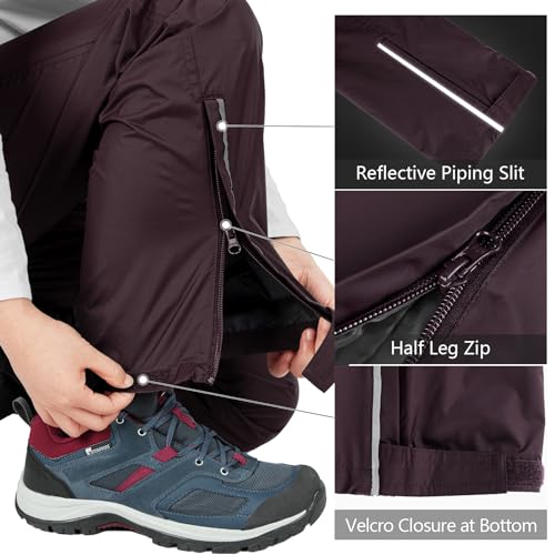 33,000ft Women's Rain Pants, Lightweight Waterproof Rain Over Pants, Windproof Hiking Pants for Outdoor, Fishing, Rainy Day Dark Red