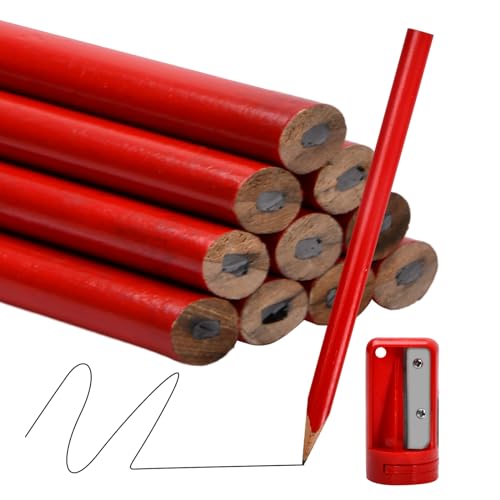 Wisebom 10 PCS Zimmermannsbleistifte, Baubleistifte Rot Zimmermannsbleistift Oval Bleistift baustelle mit Bleistiftanspitzer für Markieren und Anzeichnenauf der Baustelle (oval)