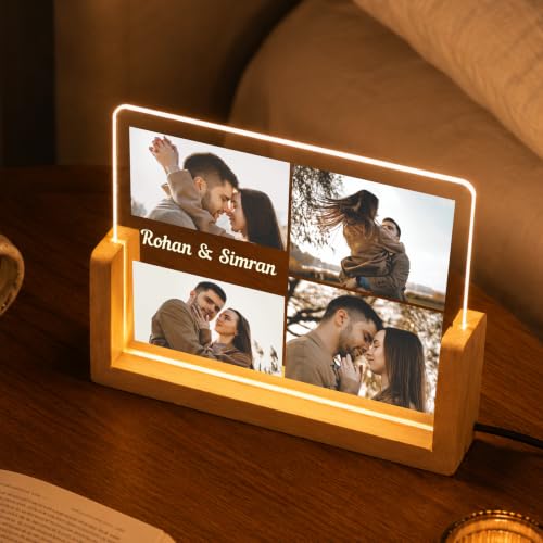 Image of Giftplease Personalized LED Acrylic Photo Frame with Custom Picture and Name, Romantic Couple Memory Lamp, Wooden Base USB Table Decor, Anniversary Bedroom Home Display Keepsake Art