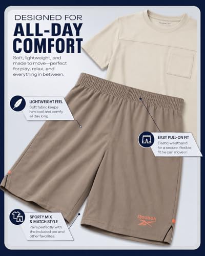Image of Reebok Boys Athletic Shorts Set - 2 Piece Summer Clothes Outfit with Graphic Tee and Boys Basketball Shorts for Active Kids
