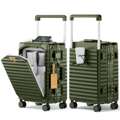 Image of Joyway 20 Inch Carry on Luggage with Aluminium Frame and Front Pocket, PC Hardshell Suitcase with USB Port and Cup Holder, 21.5x14.2x9 Airline Approved Luggage with Spinner Wheel, TSA Lock(Dark Green)
