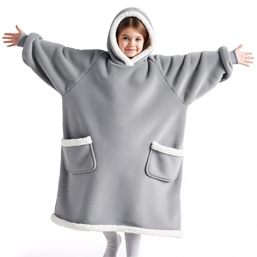 Bedsure Blanket Hoodie, Wearable Blanket for Adults & Kids as Gifts for Women Men, Birthday Gifts for Women Mom Girl Sherpa Oversized Hoodie, Grey, Kids