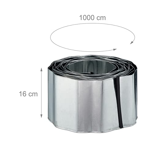 Relaxdays Rasenkante 10m, Beetbegrenzung aus Metall, verzinkt, flexibel, Umrandung f. Beet oder Rasen, 16cm hoch, silber