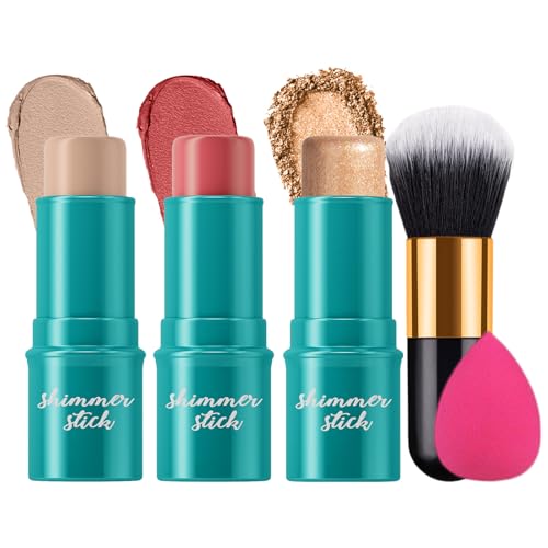 RoseFlower 3pcs Juego De Barras De Maquillaje, Maquillaje Facial, Creamy Stick Blush, Contour Stick Iluminador En Stick, Contorno Resaltador Colorete en Barra, Kit de Contorno en Crema con Cepillo