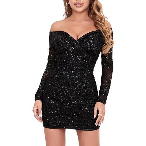 Image of D&M Women's Off Shoulder Sparkly Dress Knitted Mesh Long Sleeve Open Back Ruched Bodycon Sexy Mini Party Dress XXL Black