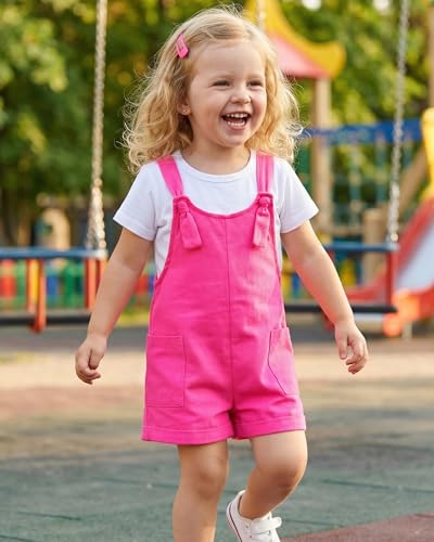 Image of HINTINA Toddler Girl Overall Shorts Set Adjustable Loose Jumpsuit Short Sleeve T-shirt Vacation Summer Outfits with Pockets