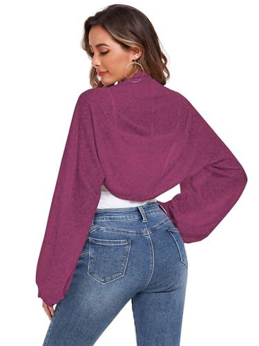 ZAFUL Women's Long Sleeve Open Front Knitted Crop Cardigan Sweater Shrug Hot Pink-1 2XL — view 4