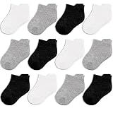 CozyWay Baby & Toddler Ankle Socks - Easy Slip-On No-Show Infant Socks - Soft Cotton Pair - Non-Slip Grip for Toddler Feet - 6-12 Months, White/Black/Dark Gray, Pack of 12