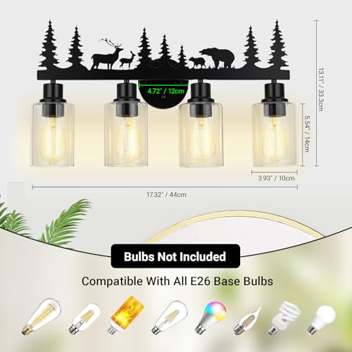 Image of Rustic Bathroom Light Fixtures, 4-Light Farmhouse Vanity Lamp with Deer and Bear Design, Black Wall Lighting with Clear Glass Shade for Bathroom, Hallway, Kitchen, Porch