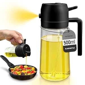 PORTENTUM Oliedispenser 500ml, oliefles, 2-in-1 dispenser en spray, voor olijfolie en azijn, BPA-vrij, voor de keuken, barbecue, salades (Zwart)