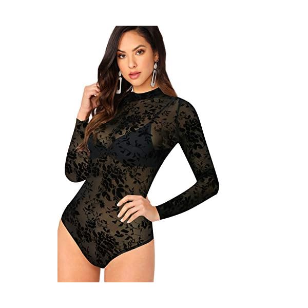 Floerns Women's Sheer Mesh Lace Long Sleeve Stretchy Bodysuit Jumpsuit Black Flower M