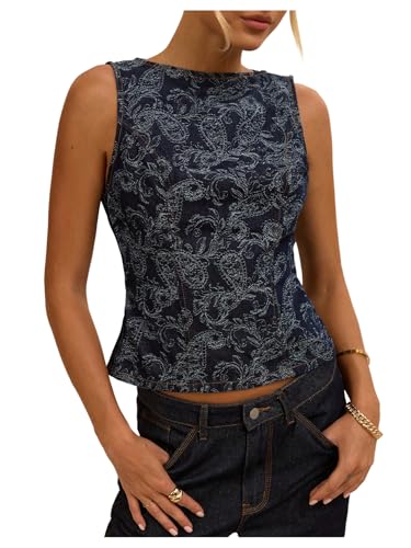 MakeMeChic Women's Floral Denim Vest Crew Neck Zip Back Sleeveless Elegant Jean Tops
