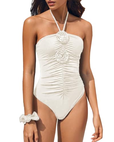 HYTENSUN Women's Ruched One Piece Swimsuit 3D Flower Halter Tie Back Floral Swimwear Bathing Suit Monokini