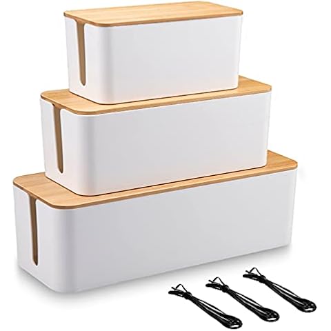 EVADOW Set of 3 Cable Management Box with Bamboo Lid, White Wire Core Cable Tidy Box Conceal and Hide Cable Wire Extension Organizer Box for Home, Office | Size for Large, Medium, Small Cover