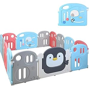 Grondbox babybox speelbox opvouwbaar beschermrooster van kunststof met deur speelbox voor kinderen van 0 tot 6 jaar (12 panelen + 2 deuren),200 x 180 x 64 cm