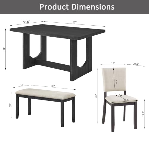 Image of LUMISOL 6 Piece Farmhouse Dining Table Set, Solid Wood Dining Table with 4 Upholstered Chairs and Bench, U-Shaped Base Kitchen Set for Dining Room, Kitchen, Antique Black + Beige