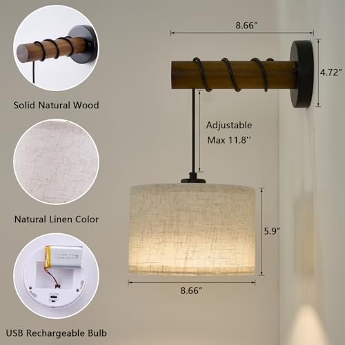 Image of XSDeTu Battery Operated Wall Sconce with Remote, Rechargeable Battery Powered Wall Light, 3 Colors Dimmable Wall Mounted Lights, Adjustable Lamp for Bedroom Bedside, Wooden Arm, Fabric Shade, 2 Pcs