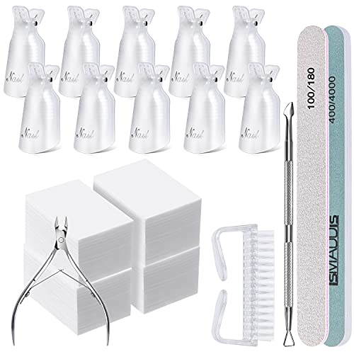 Nail Polish Remover Tool Kit,10pcs Clear Nail Polish Remover Clips Soak Off Caps with Cuticle Nipper,Cuticle Pusher,300pcs Nail Wipe Cotton Pads,Nail Buffer Files100/180,Buffer Block Grits 400/4000