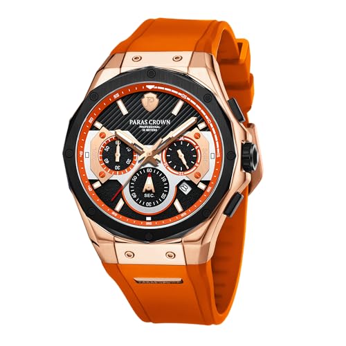 Imagen de PC PARAS CROWN Reloj Hombre Cronógrafo con Movimiento Japonés Resistente al Agua 5ATM Caja de Acero Inoxidable Correa de Silicona Elegante Cuarzo