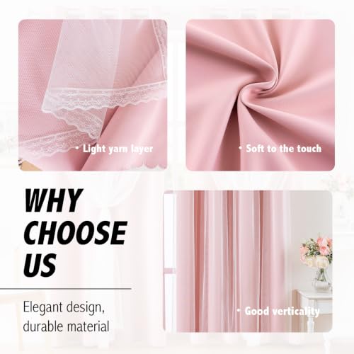 Image of Anytime Double Layer Blackout Curtains 2 Panels,52Wx84L,Blush Pink | Sheer And Fabric Window Drapes Grommet Top Solid Color Bedroom Living Room Home Decor