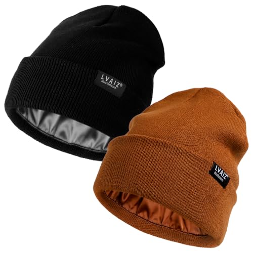 Image of 2 Pack Satin Lined Beanies for Men and Women Warm Cuffed Winter Hats