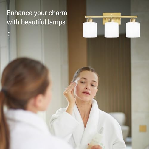 Image of 3 Light Gold Bathroom Light Fixtures, Modern Bathroom Vanity Lights with Milky White Frosted Glass Shades, Gold Vanity Mirror with Lights for Mirror Living Room E26 Base